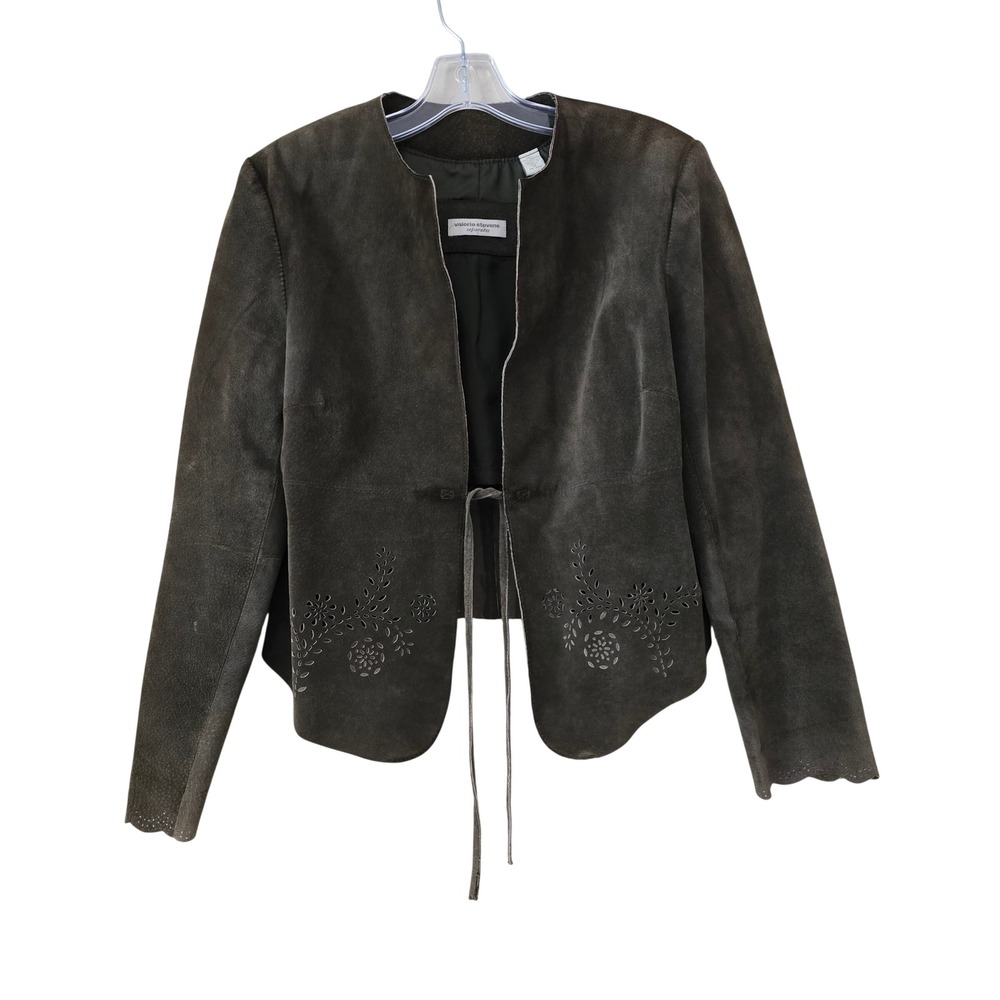 Valerie Stevens Suede Leather Jacket Olive Green Floral Laser Cut Eyelet Tie M